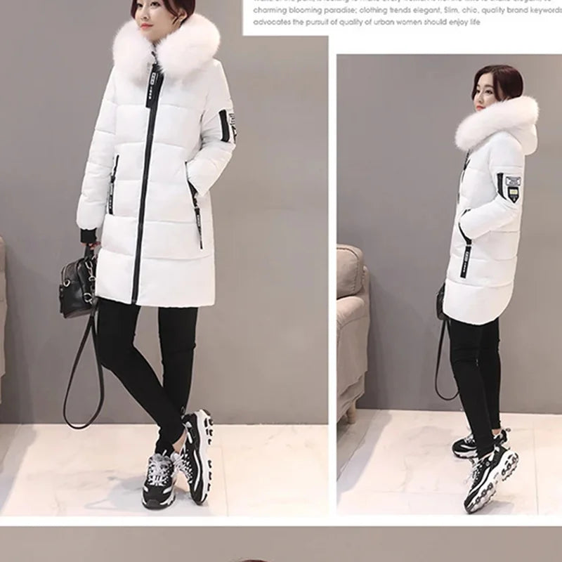 Parka à capuche avec col en fourrure pour femme, chaude, à la mode, confortable, poches zippées, longue veste élégante, Slim et épaisse, manteaux féminins, hiver