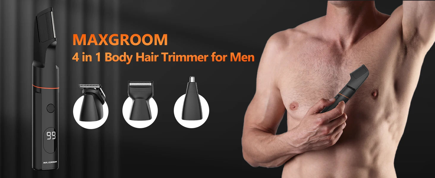 Prevention Words - Men's Body Hair Trimmer Kit, Pubic Hair Shaver, Antarctic Beard Trimmer, Electric Groin Shaver, IPX6 Waterproof, OM, 4 in 1