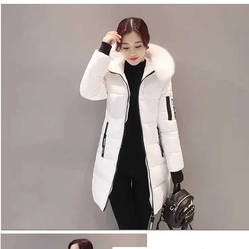 Parka à capuche avec col en fourrure pour femme, chaude, à la mode, confortable, poches zippées, longue veste élégante, Slim et épaisse, manteaux féminins, hiver