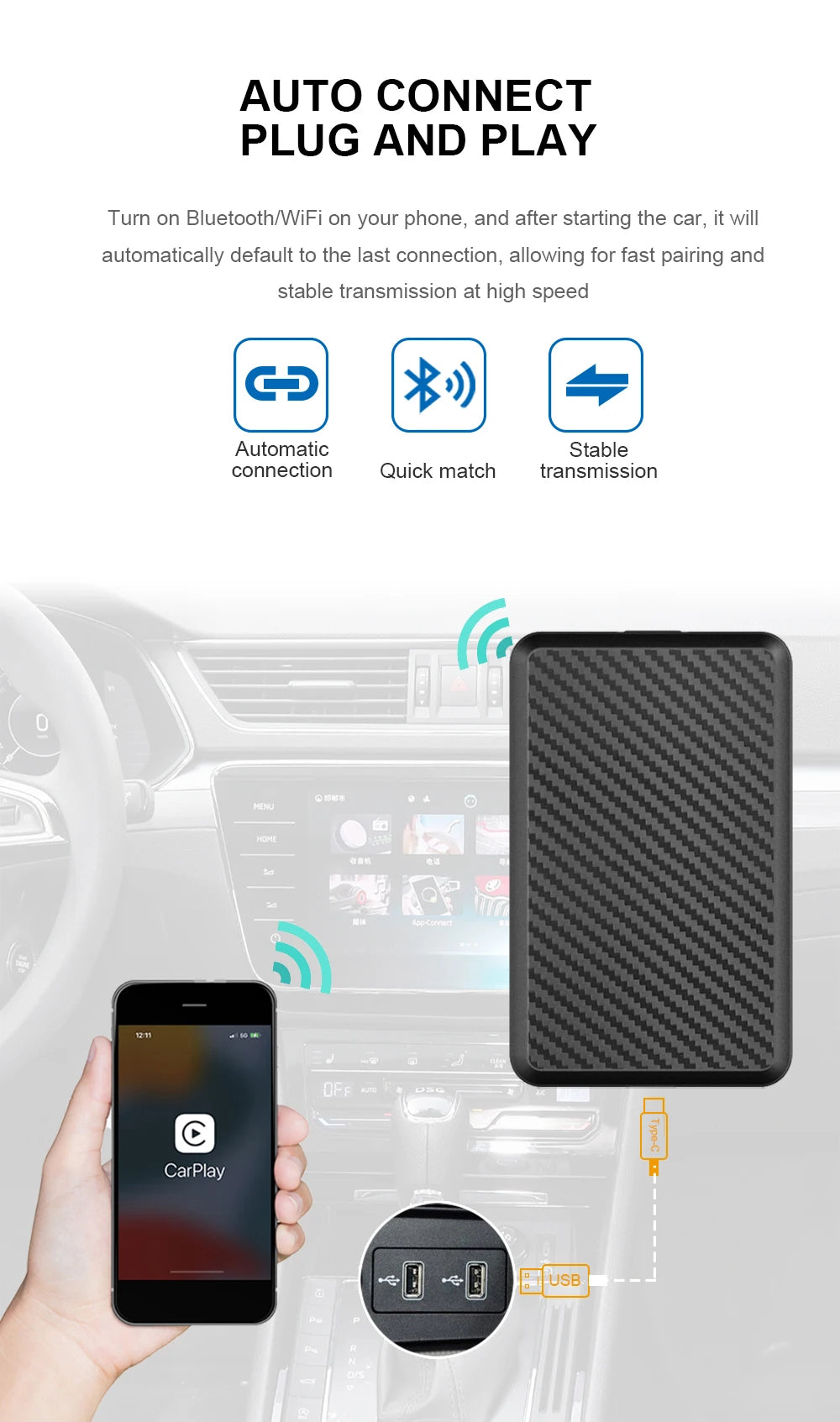2025 New Android 14 CarPlay Ai Box 4G + 64G Wired to Wireless 3-in-1 Smart Dongle Plug and Play for YouTube Nexflit Wifi Mini Box