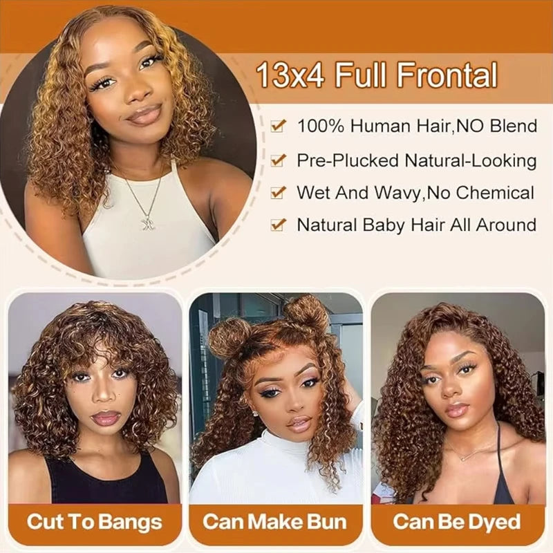 Short curly bob wig with 4/27 honey blonde highlights, 100% human hair, 13x4 lace front, deep wave, for women, virgin human hair