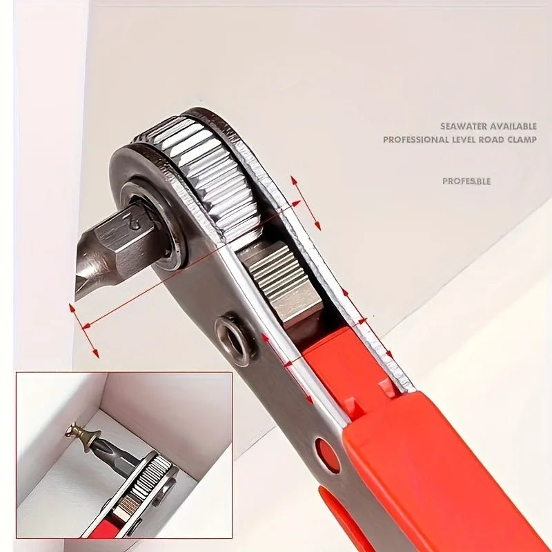Steel screwdriver with forward/reverse ratchet, right-angle tool for tight spaces, motorcycle and car repair kit