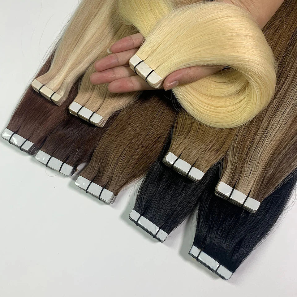 Bande dans les Extensions de cheveux humains droits Extensions adhésives de cheveux brésiliens trame de peau noir brun 100% vrais cheveux humains pour les femmes