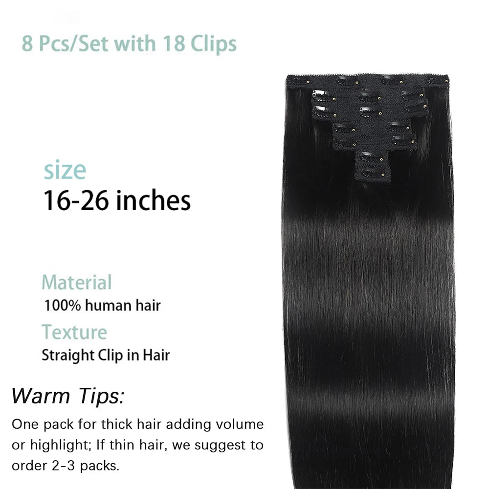 Pince à cheveux humains droite dans les Extensions de cheveux 100% non transformés pleine tête cheveux vierges brésiliens couleur noire naturelle 8 pièces avec 120G