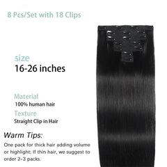 Pince à cheveux humains droite dans les Extensions de cheveux 100% non transformés pleine tête cheveux vierges brésiliens couleur noire naturelle 8 pièces avec 120G