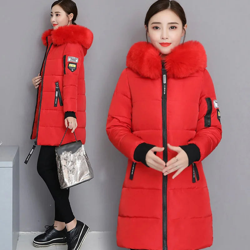 Parka à capuche avec col en fourrure pour femme, chaude, à la mode, confortable, poches zippées, longue veste élégante, Slim et épaisse, manteaux féminins, hiver