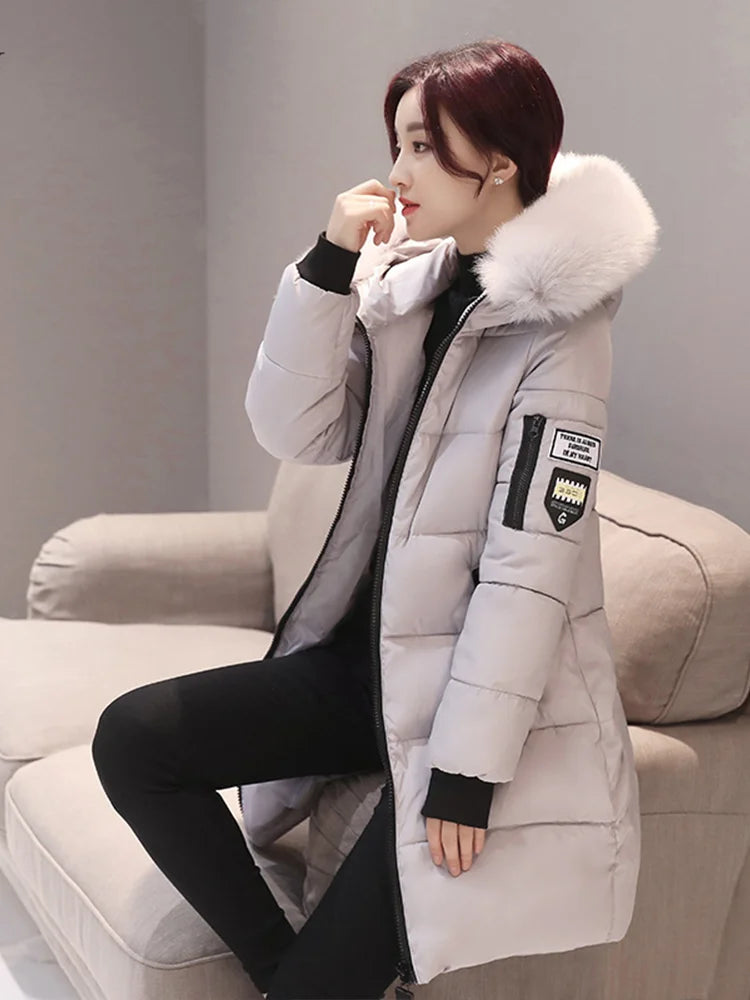 Parka à capuche avec col en fourrure pour femme, chaude, à la mode, confortable, poches zippées, longue veste élégante, Slim et épaisse, manteaux féminins, hiver