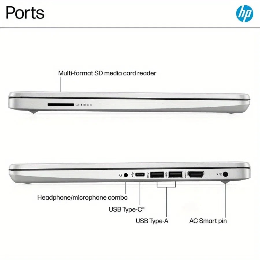 Ordinateur portable professionnel HP HD 14", processeur Intel N150, 16 Go de RAM, 128 Go de UFS, graphiques Intel, Wi-Fi 6, Windows 11 Home, argent naturel