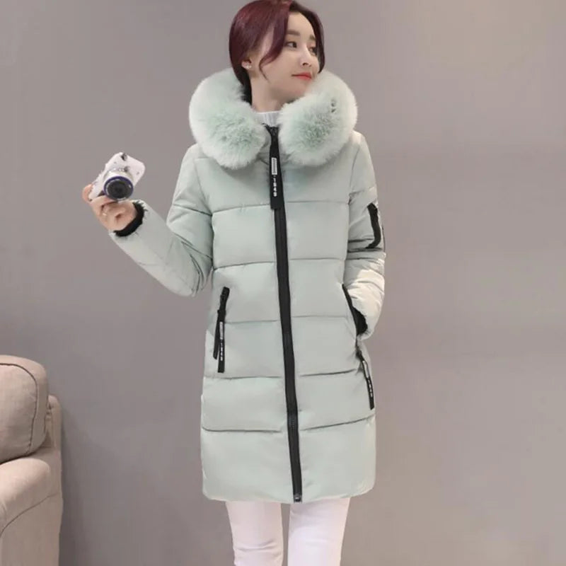 Parka à capuche avec col en fourrure pour femme, chaude, à la mode, confortable, poches zippées, longue veste élégante, Slim et épaisse, manteaux féminins, hiver