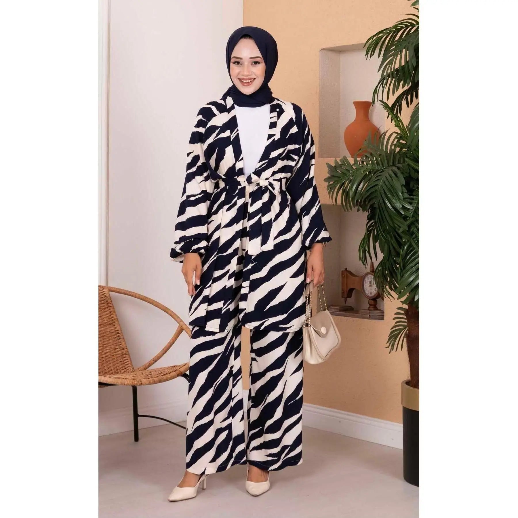 Navy Blue Zebra Pattern Viscose 2-Piece Shorts Set Asymmetrical Collar above Knee Length XL & 2XL Sizes for Club Outfits