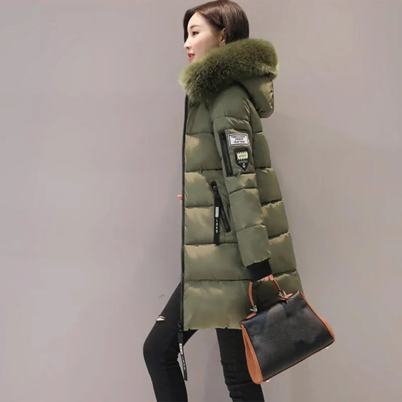 Parka à capuche avec col en fourrure pour femme, chaude, à la mode, confortable, poches zippées, longue veste élégante, Slim et épaisse, manteaux féminins, hiver