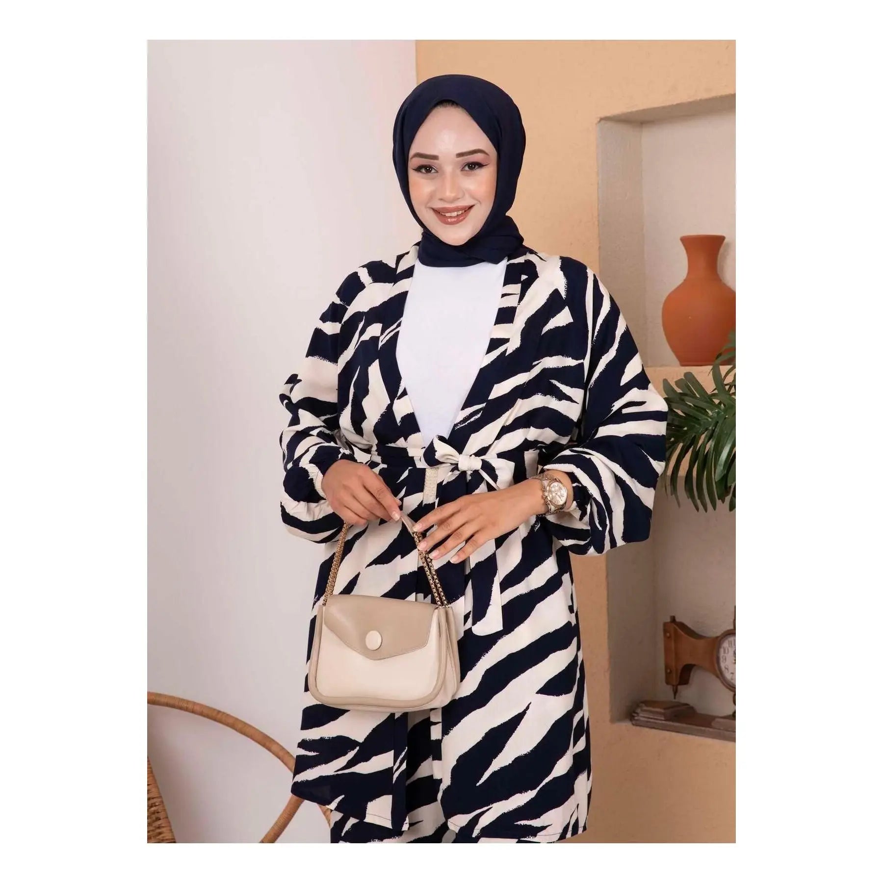 Navy Blue Zebra Pattern Viscose 2-Piece Shorts Set Asymmetrical Collar above Knee Length XL & 2XL Sizes for Club Outfits