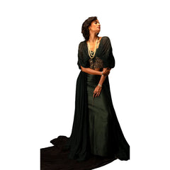 Luxury Emerald Green Drape Jacket 3 Piece Set Women Designer Ethnic Wear Co Ord Outfit