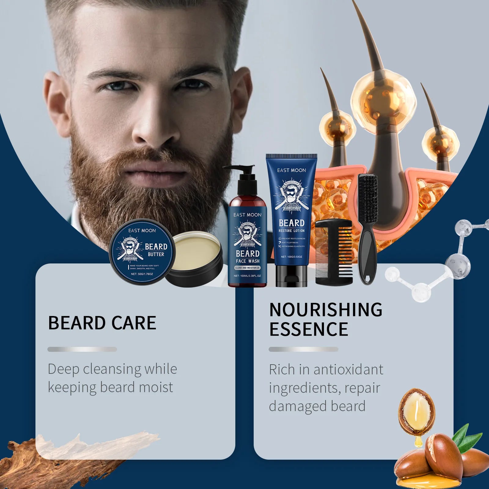 East Moon 1 ensemble hommes bois de santal ensemble de soins de barbe nourrir barbe hydratante barbe propre épaissir barbe style Kit de soins de barbe pour hommes