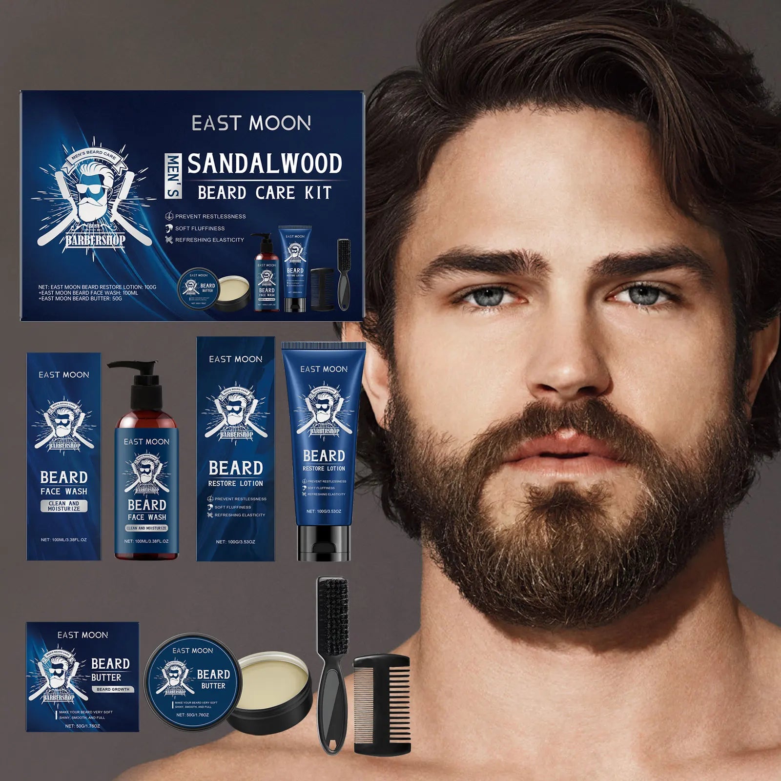 East Moon 1 ensemble hommes bois de santal ensemble de soins de barbe nourrir barbe hydratante barbe propre épaissir barbe style Kit de soins de barbe pour hommes
