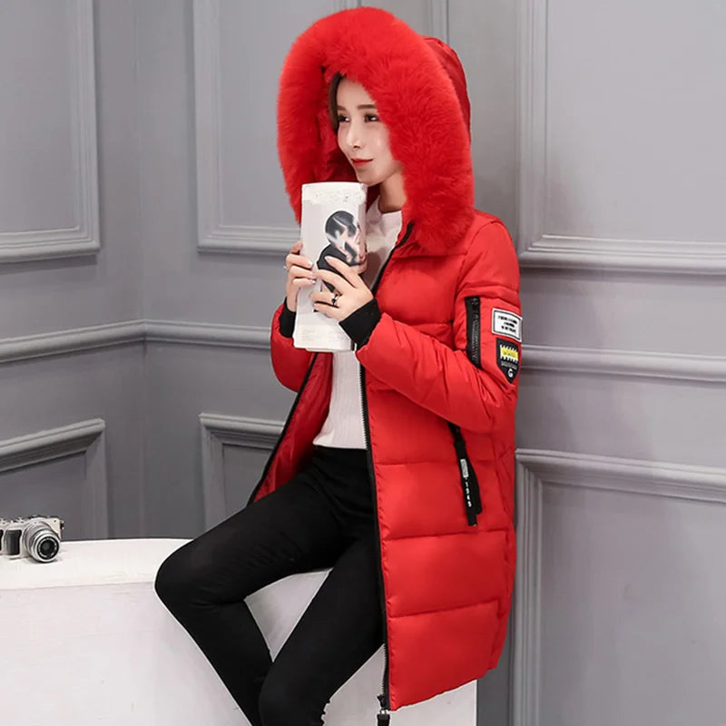 Parka à capuche avec col en fourrure pour femme, chaude, à la mode, confortable, poches zippées, longue veste élégante, Slim et épaisse, manteaux féminins, hiver