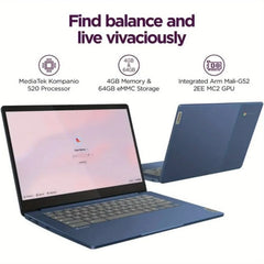 Chromebook Lenovo IdeaPad Slim 3 Full HD 14 pouces, MediaTek Kompanio 520,4 Go de RAM, stockage 320 Go (64 Go eMMC + carte SD 256 Go), système d'exploitation chromée