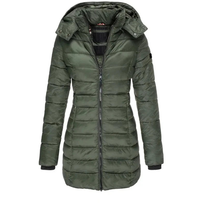 Parka épaisse et chaude pour femme, couleur unie, manteaux avec fermeture éclair, manches longues, veste bouffante rembourrée, mi-longue, Slim, sweat à capuche, hiver