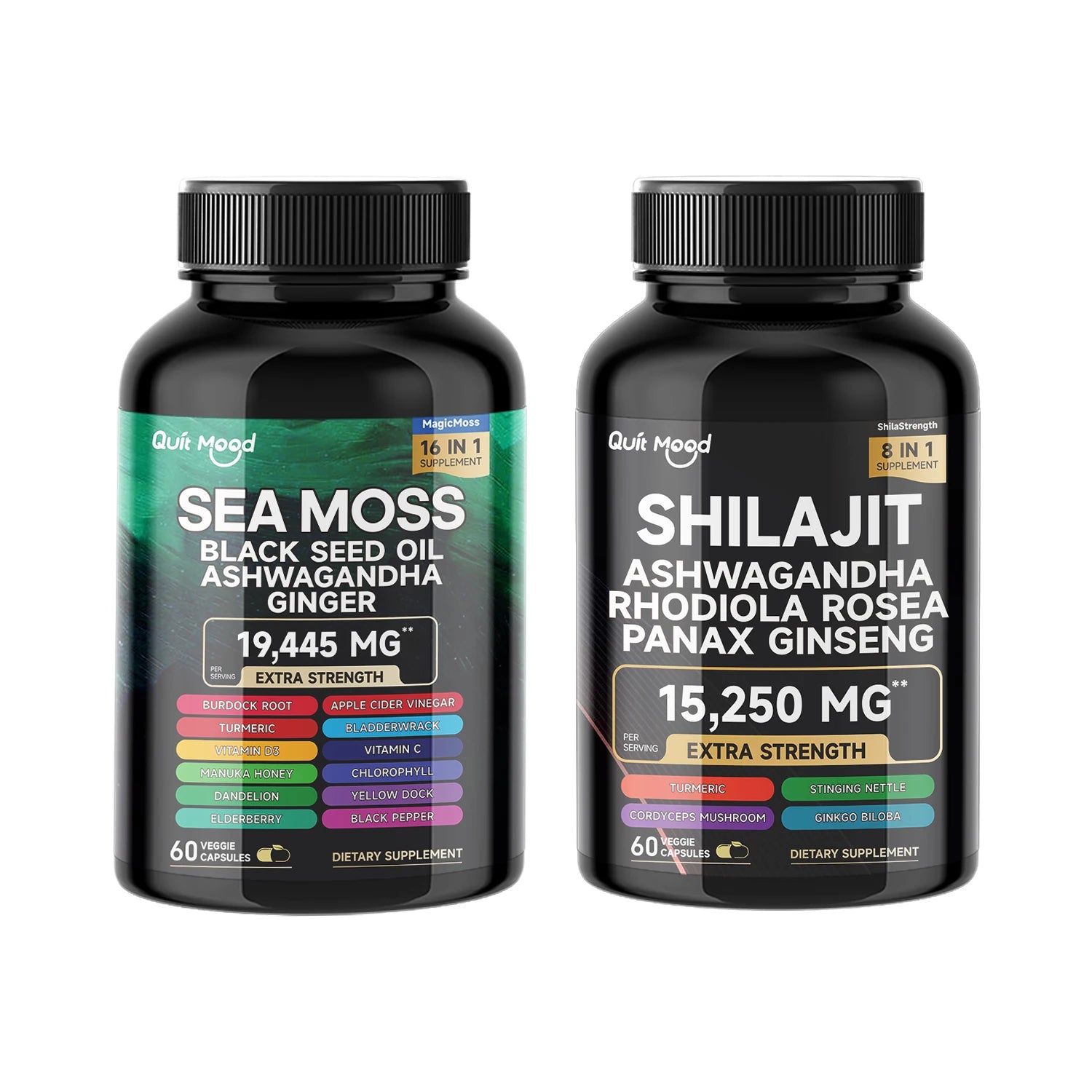 Mousse de mer et shilajit Bundle 120 gélules, avec seamos, huile de pépins noirs, Ashwagandha, gingembre, racine de bardane, curcuma, Pepp noir