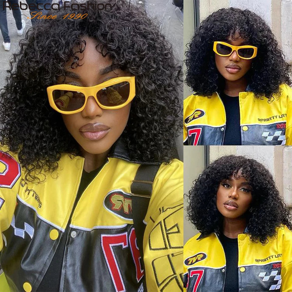 Perruques de cheveux humains Pixie Cut Bob avec frange pour femme, perruque pleine machine bouclée, surbrillance, couleur blond miel, court, caution