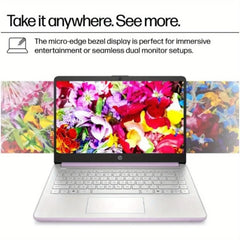 Ordinateur portable professionnel HP HD 14", processeur Intel N150, jusqu'à 16 Go de RAM, 128 Go UFS, graphiques Intel, Wi-Fi 6, Windows 11 S, miel lavande