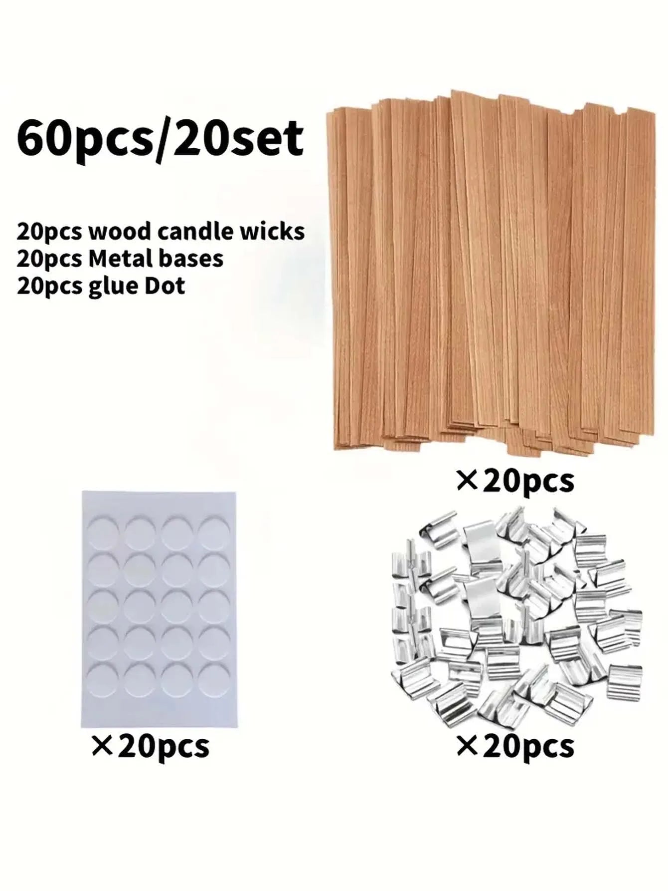 Kit de fabrication de bougies DIY, ensemble de 60 pièces avec mèches en bois naturel, supports métalliques et points de colle pour l'artisanat