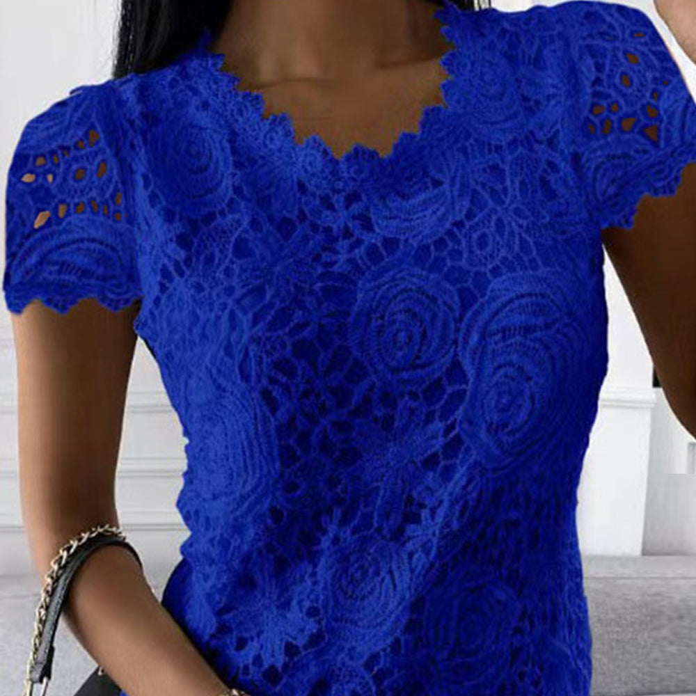 Femmes dentelle col rond hauts T-Shirts dames été décontracté à manches courtes Blouse pull mode vêtements pour