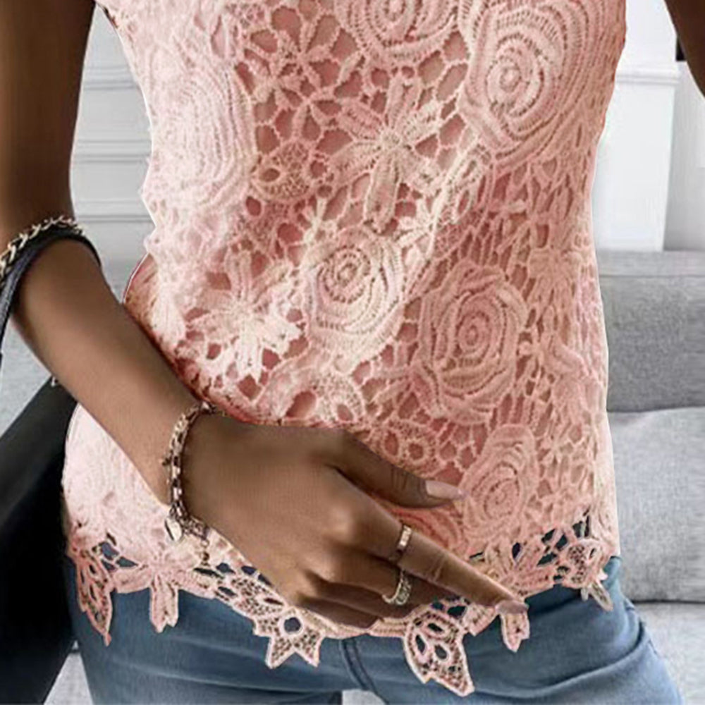 Femmes dentelle col rond hauts T-Shirts dames été décontracté à manches courtes Blouse pull mode vêtements pour