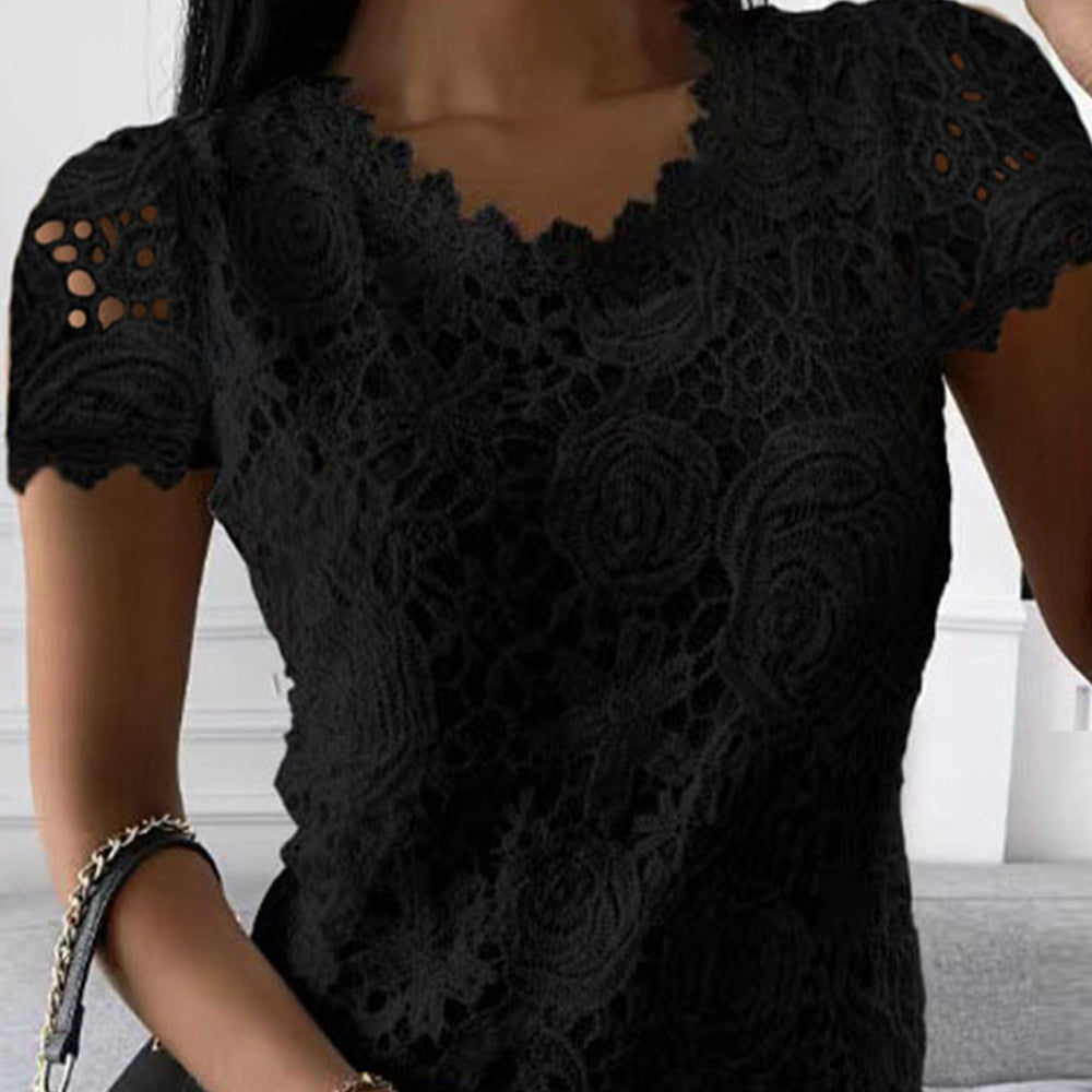 Femmes dentelle col rond hauts T-Shirts dames été décontracté à manches courtes Blouse pull mode vêtements pour