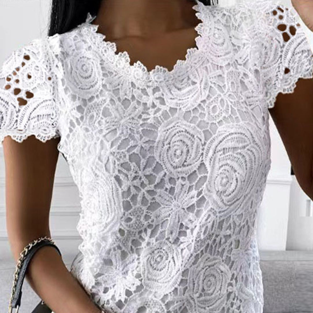 Femmes dentelle col rond hauts T-Shirts dames été décontracté à manches courtes Blouse pull mode vêtements pour