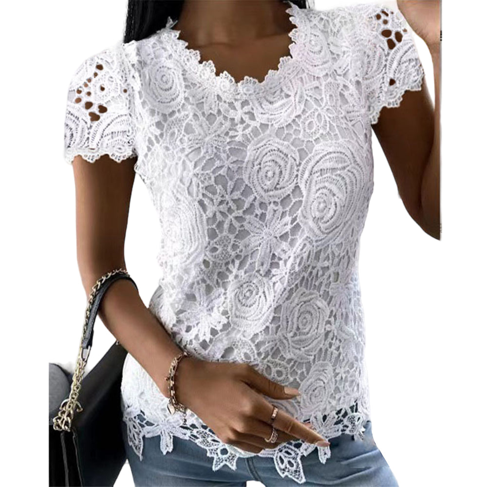 Femmes dentelle col rond hauts T-Shirts dames été décontracté à manches courtes Blouse pull mode vêtements pour