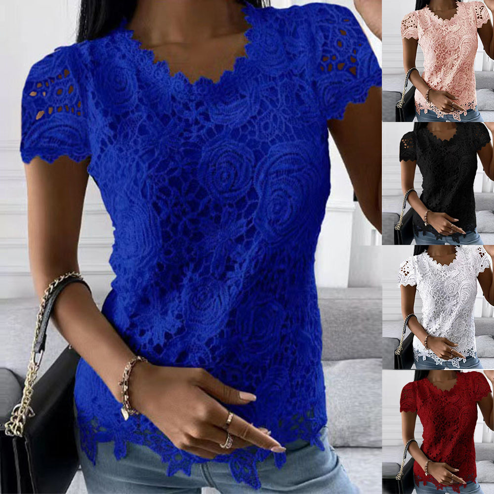 Femmes dentelle col rond hauts T-Shirts dames été décontracté à manches courtes Blouse pull mode vêtements pour