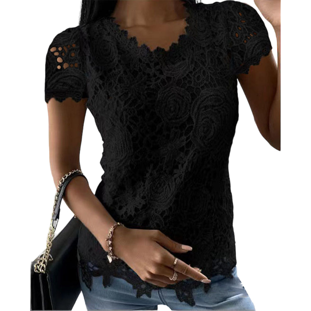 Femmes dentelle col rond hauts T-Shirts dames été décontracté à manches courtes Blouse pull mode vêtements pour