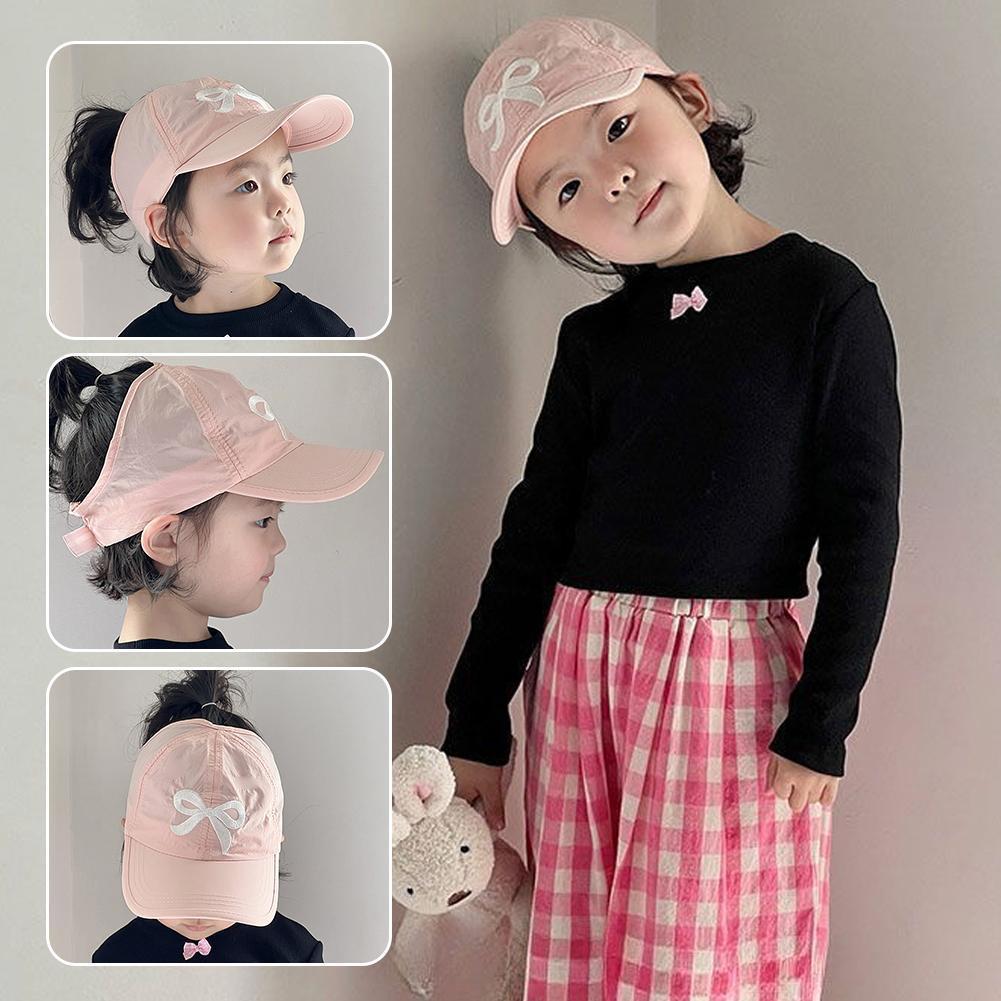 Visière de chapeau de baseball pour enfants mignons, casquette de soleil à nœud papillon imperméable, chapeau à queue de cheval haut pour petites filles, chapeau de plage d'été réglable de 2 à 5 ans