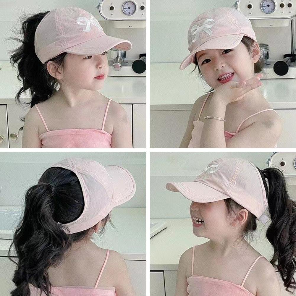 Visière de chapeau de baseball pour enfants mignons, casquette de soleil à nœud papillon imperméable, chapeau à queue de cheval haut pour petites filles, chapeau de plage d'été réglable de 2 à 5 ans