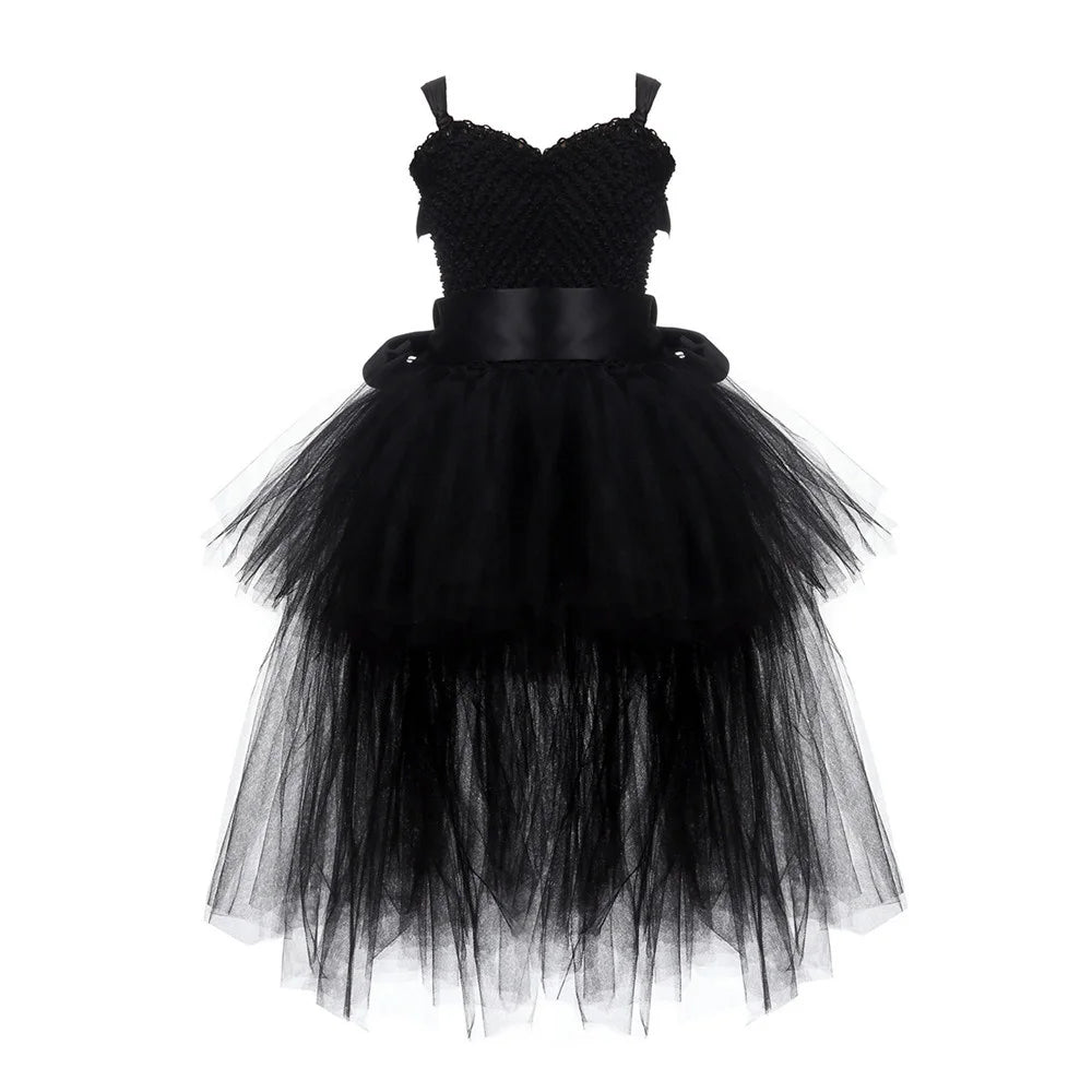 Girls Pink Black Tutu Dress V-Neck Train Girl Evening Birthday Party Tulle Dresses Girl Ball Gown Kids Halloween Costumes