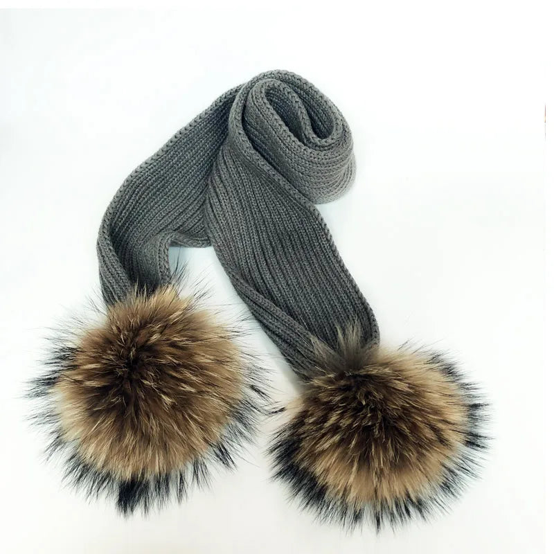 Parent-enfant chapeaux d'hiver mignon bébé fourrure Pompon chapeau écharpe ensembles réel naturel fourrure boule casquettes mère enfants chaud tricoté chapeaux hiver Bea