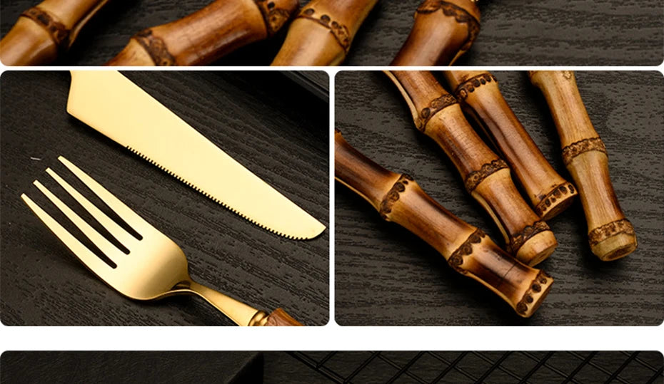 Couverts en bambou et acier inoxydable, service de table, en bois doré, pour la cuisine occidentale, couteau, fourchette, cuillère à café