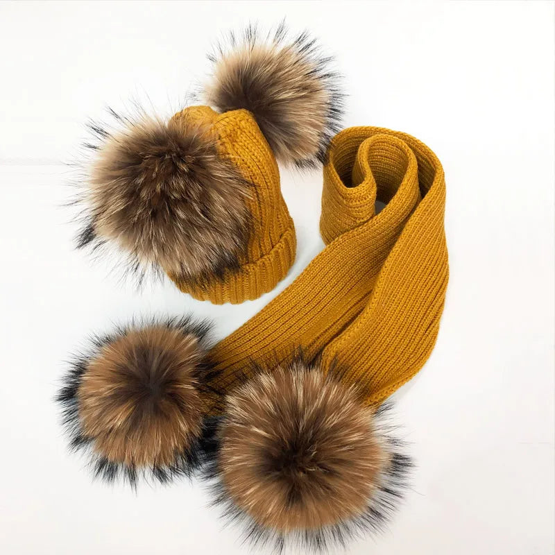 Parent-enfant chapeaux d'hiver mignon bébé fourrure Pompon chapeau écharpe ensembles réel naturel fourrure boule casquettes mère enfants chaud tricoté chapeaux hiver Bea
