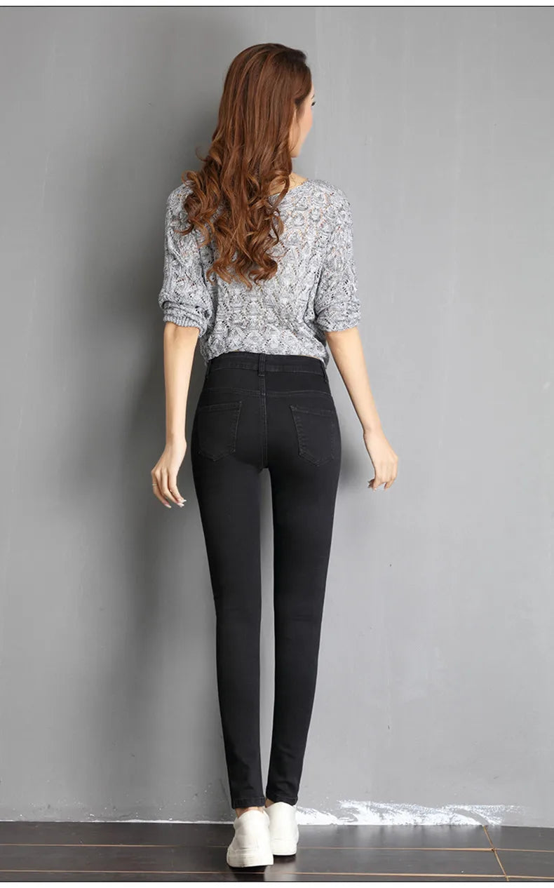 Jean pour femme maman jean bleu gris noir femme haute élastique 36 38 40 jean extensible femme denim lavé pantalon crayon maigre