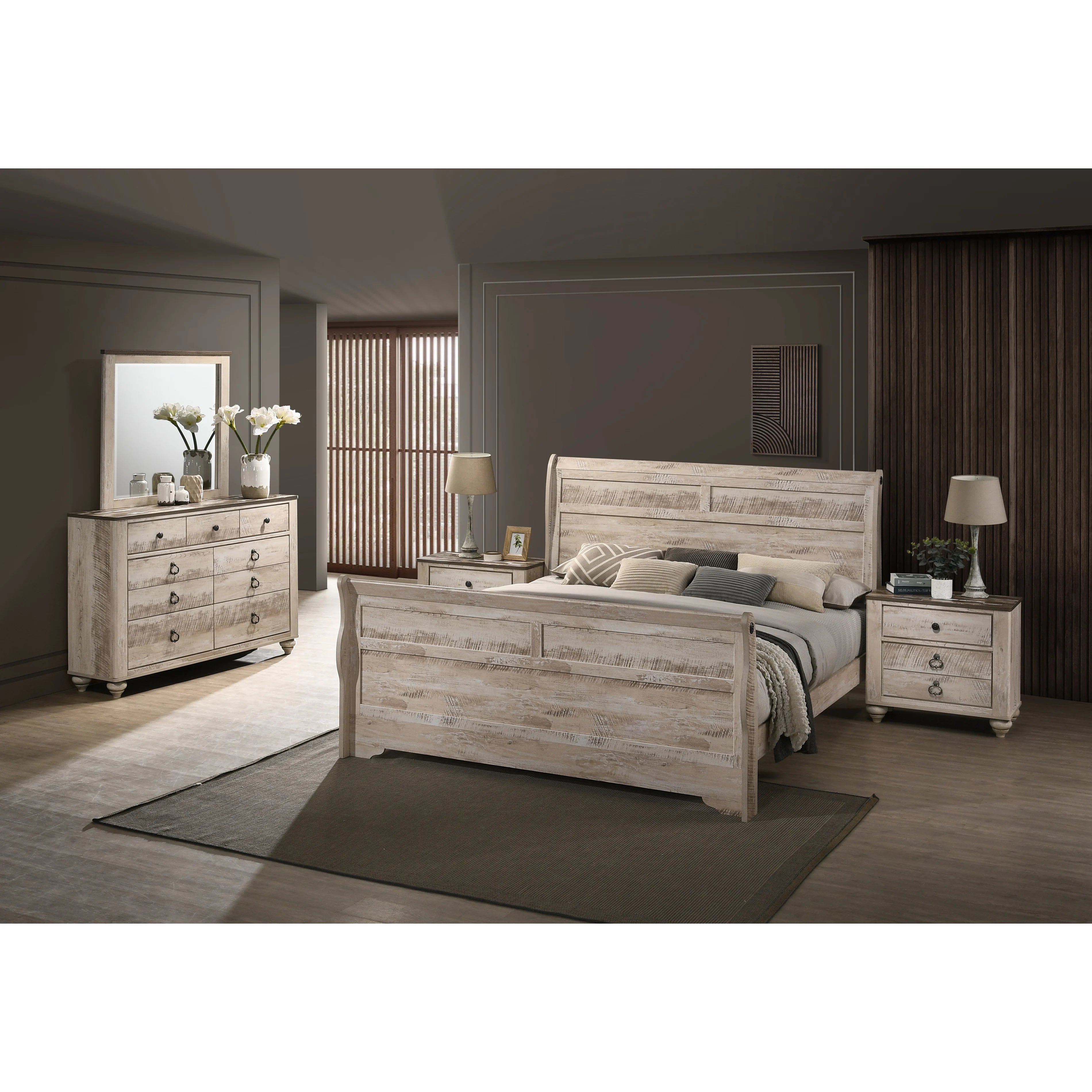Imerland Contemporary White Wash Finish Bedroom Set With King Sleigh Bed Dresser Mirror and Two Nightstands