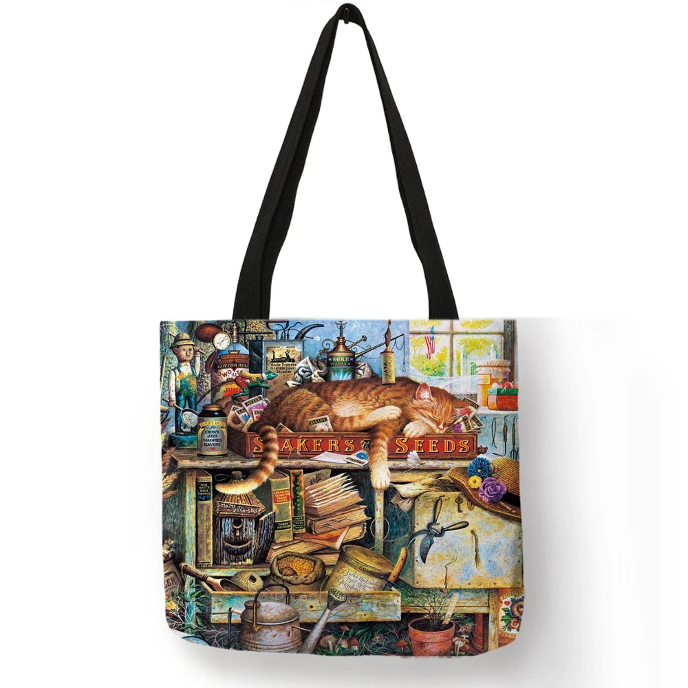 Sac à main en lin réutilisable pour femme, fourre-tout à bandoulière avec imprimé chat, 2019