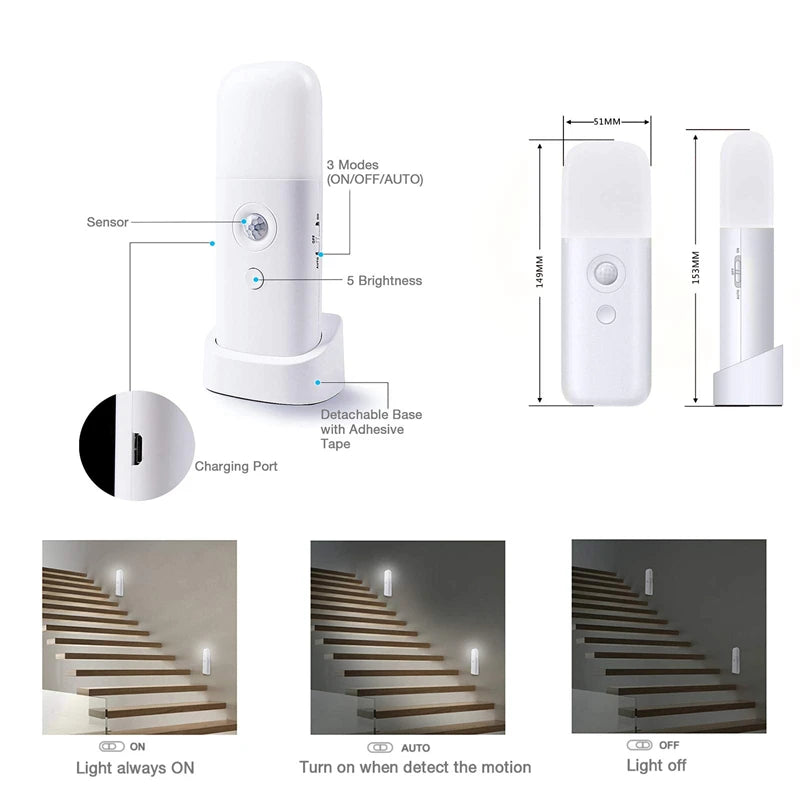 Veilleuse d'intérieur avec détecteur de mouvement, lumière LED à intensité variable rechargeable par USB, lampe de nuit portable activée par le mouvement pour chambre d'enfant