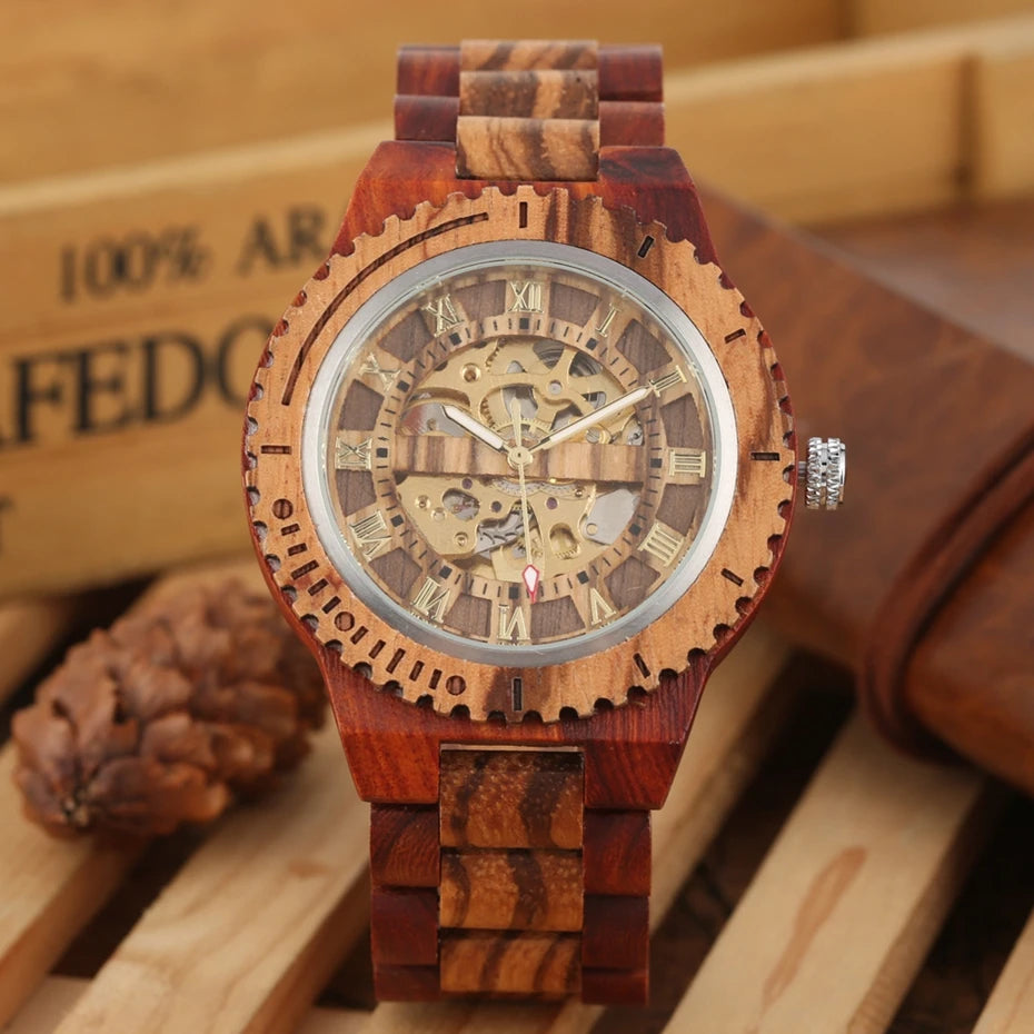 Luxury men's watches, automatic round watch, fashionable wooden clock, adjustable wooden strap, mechanical wristwatch
