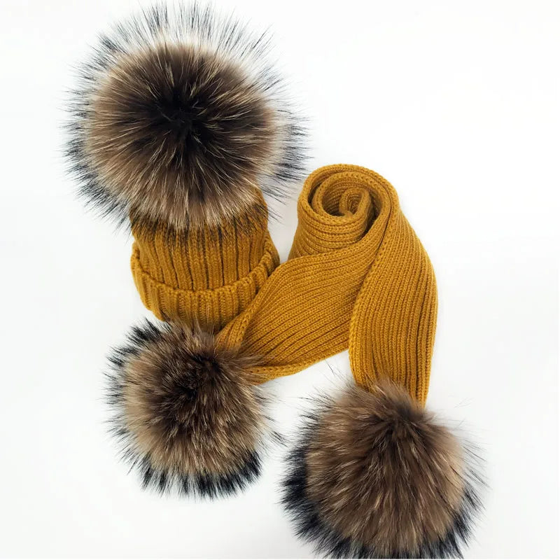 Parent-enfant chapeaux d'hiver mignon bébé fourrure Pompon chapeau écharpe ensembles réel naturel fourrure boule casquettes mère enfants chaud tricoté chapeaux hiver Bea