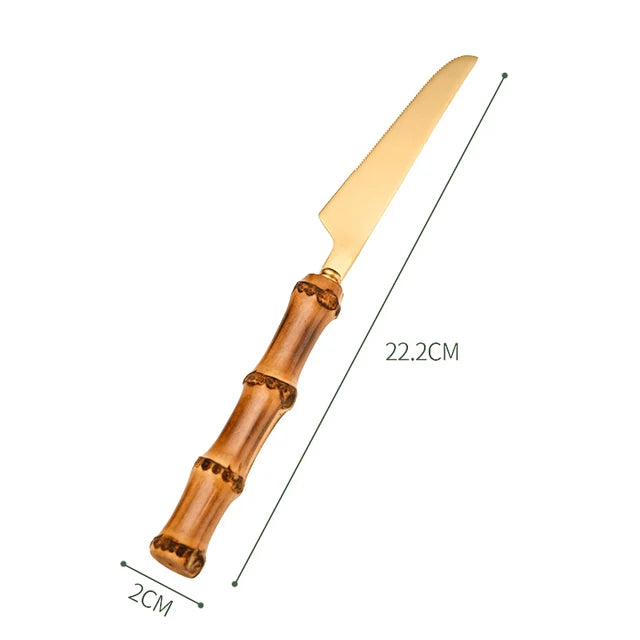 Couverts en bambou et acier inoxydable, service de table, en bois doré, pour la cuisine occidentale, couteau, fourchette, cuillère à café