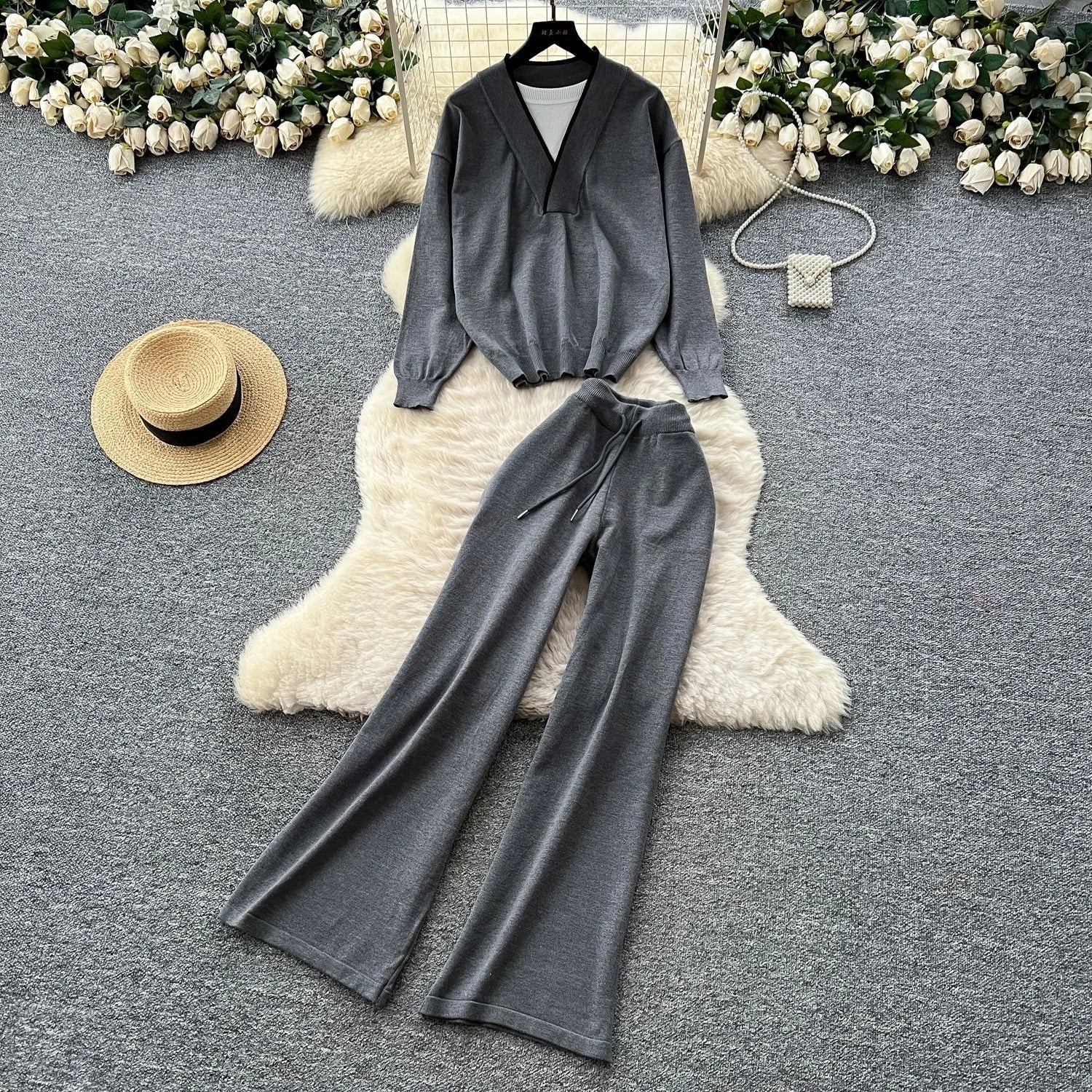 Fashionable Casual Two-piece Knitted Top for Women in Autumn Two-piece Set High Waist Casual Pants