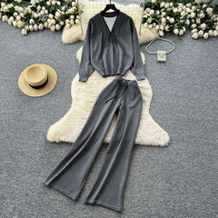 Fashionable Casual Two-piece Knitted Top for Women in Autumn Two-piece Set High Waist Casual Pants