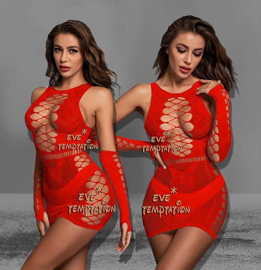 Vêtements de nuit sexy Babydoll body lingerie sexy chaude érotique tentation sans bretelles body à manches longues Catsuit robe + gants