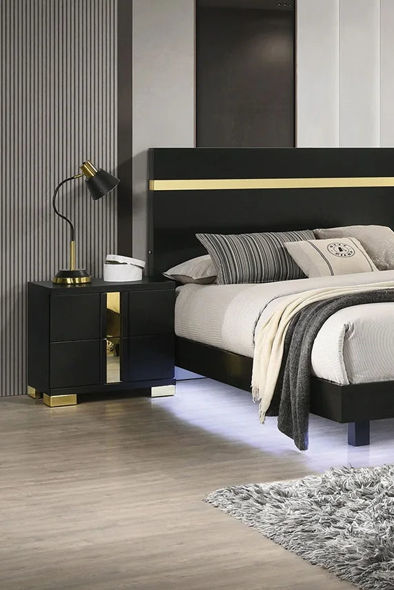 Modern Black 3pc Bedroom Set Eastern King Size Bed With LED 2x Nightstands Furniture Acrylic Trim